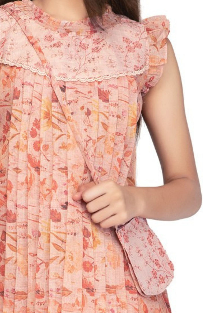 Girls Printed Casual Frock with Lace Yoke