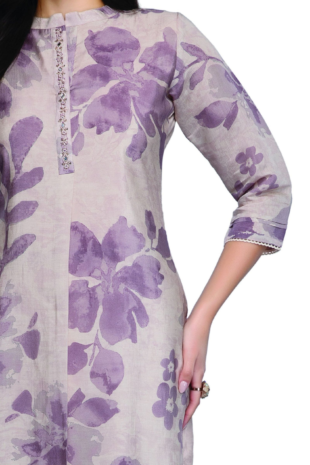 Beige with Purple Digital Print Calf Length Kurti