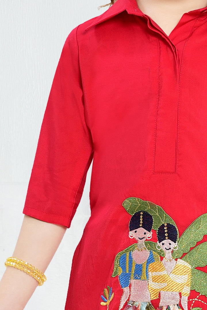 Red Embroidery and Zari work Co-ord Set for Girls - Seasons Chennai