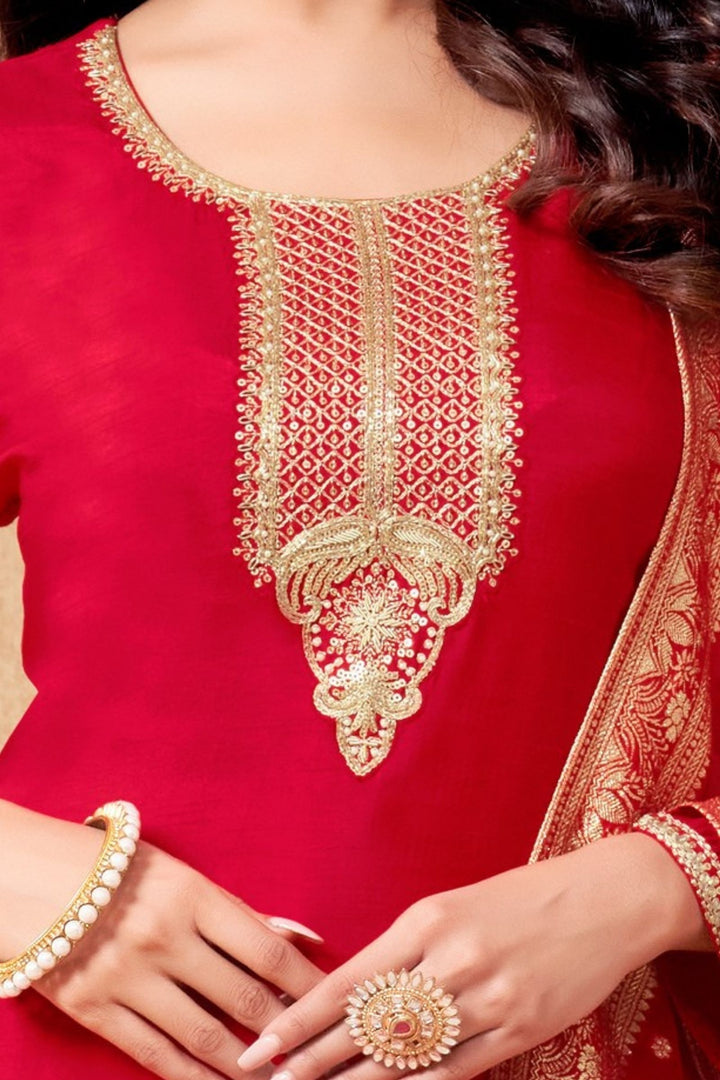 Red Sequins, Zari, Beads and Zardozi work Straight Cut Salwar Suit