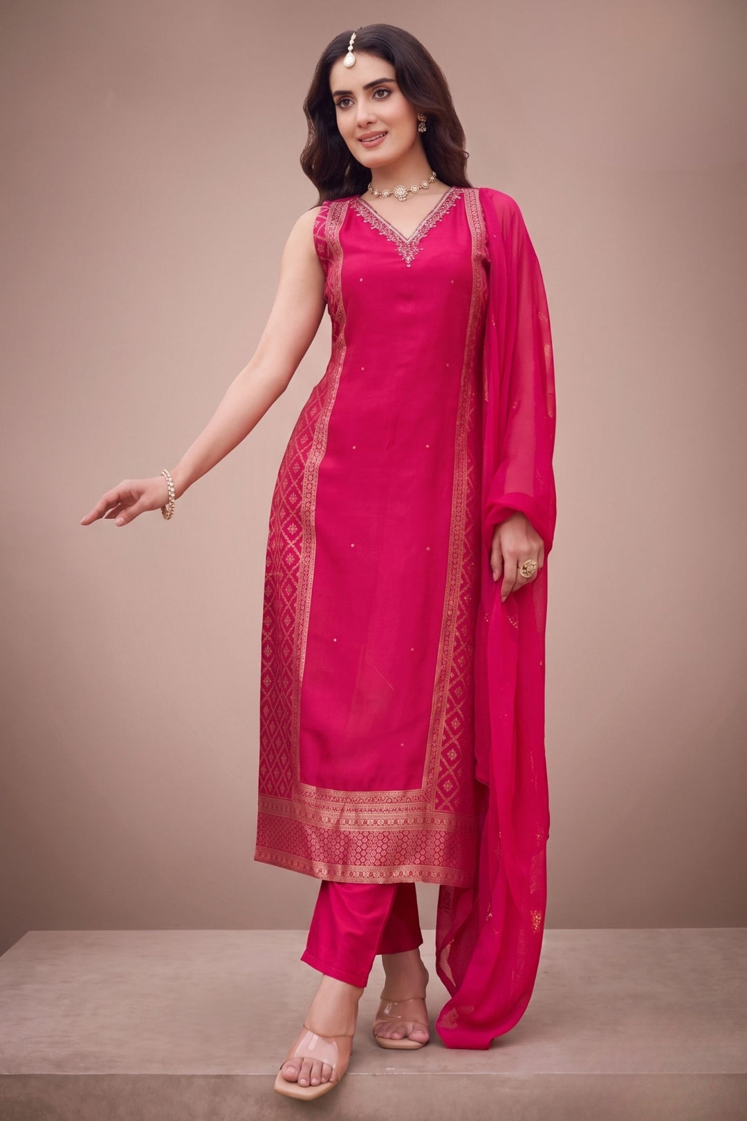 Rani Pink Banaras, Stone, Zardozi, Mirror and Thread work Straight Cut Salwar Suit