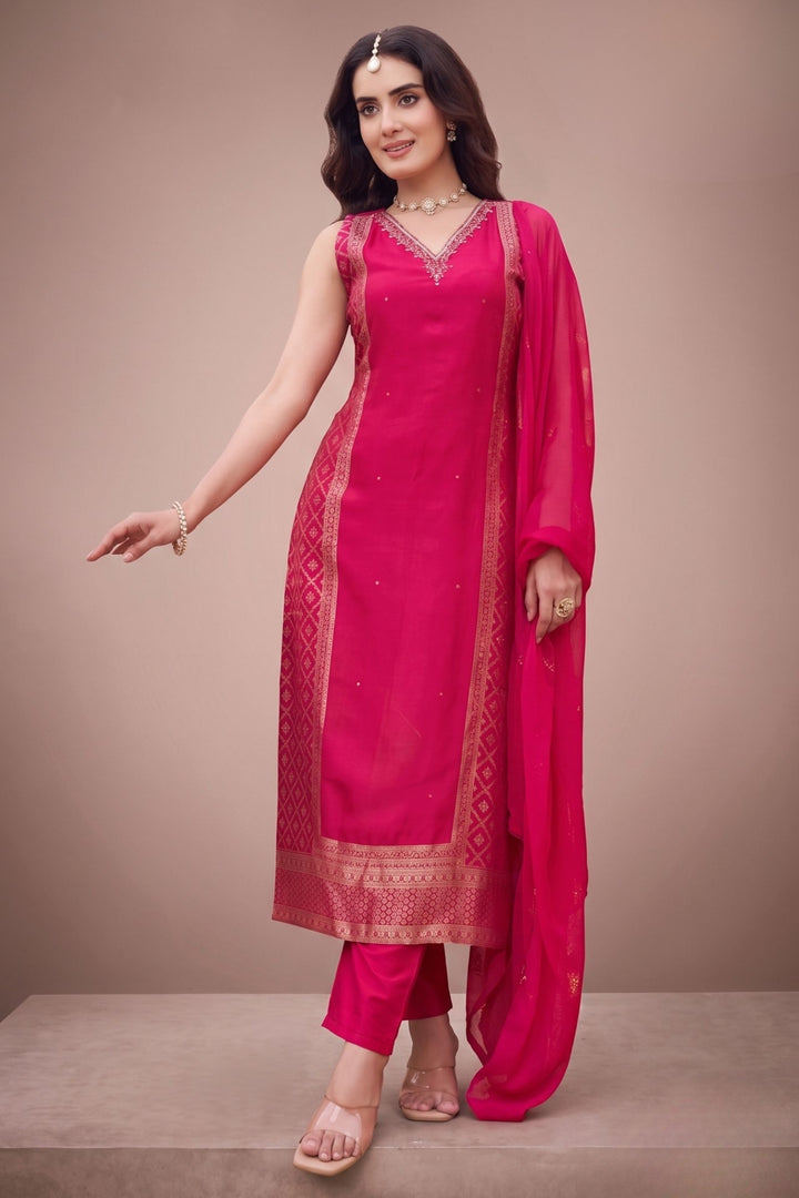 Rani Pink Banaras, Stone, Zardozi, Mirror and Thread work Straight Cut Salwar Suit