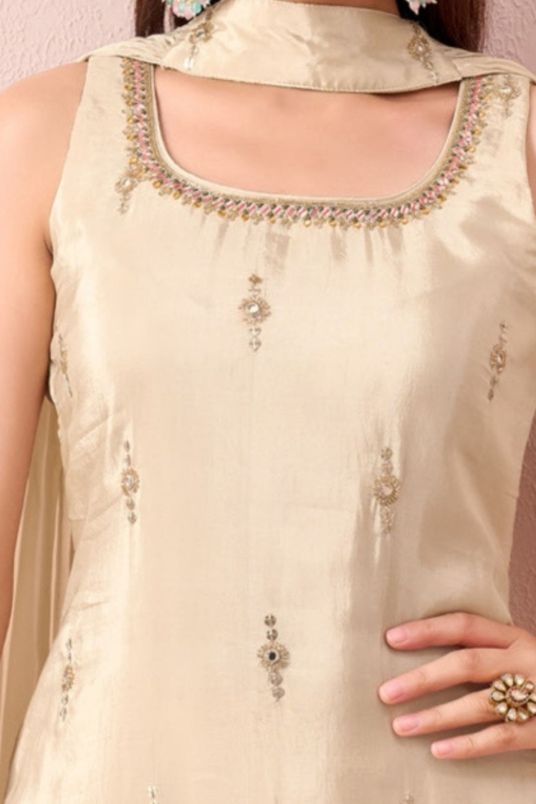 Cream Zari, Sequins, Beads and Mirror work with Floral Print Palazzo Salwar Suit