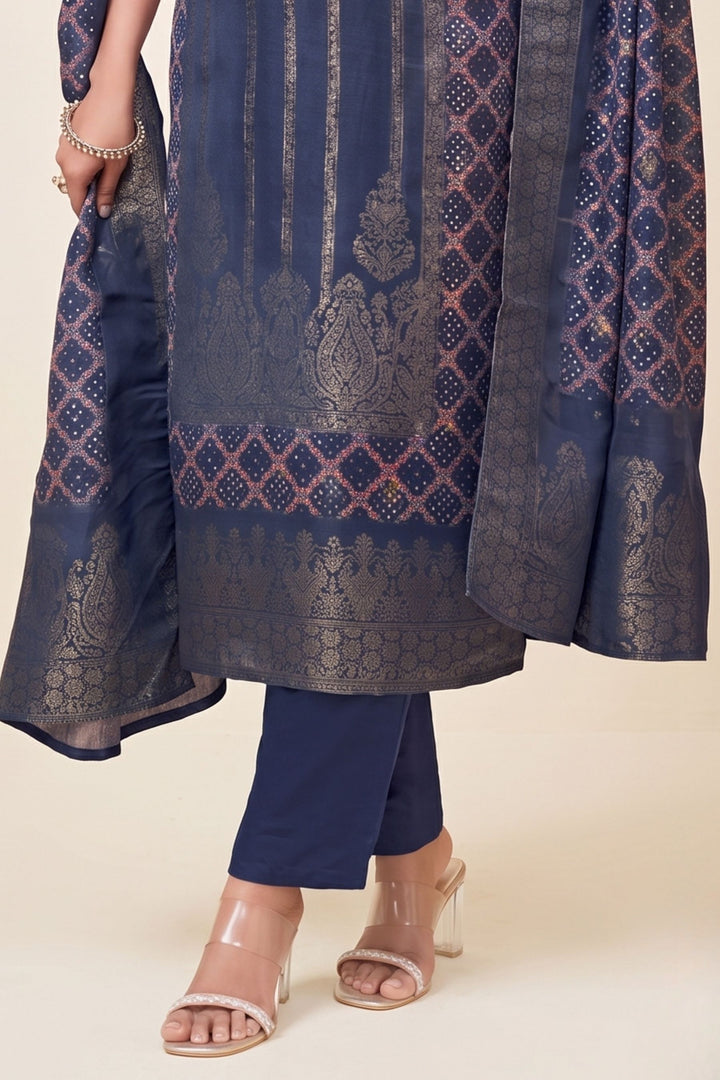 Blue Zardozi, Stone, Sequins and Banaras work Straight Cut Salwar Suit