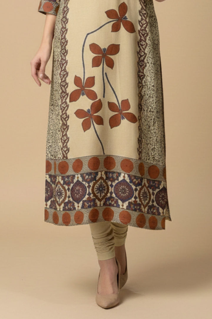 Beige Beads work with Ajrakh Print Calf Length Kurti