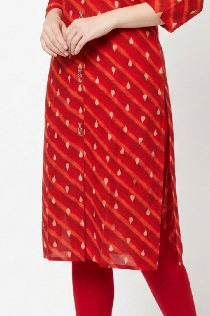 Red Beads, Sequins and Thread work with Digital Print Calf Length Kurti