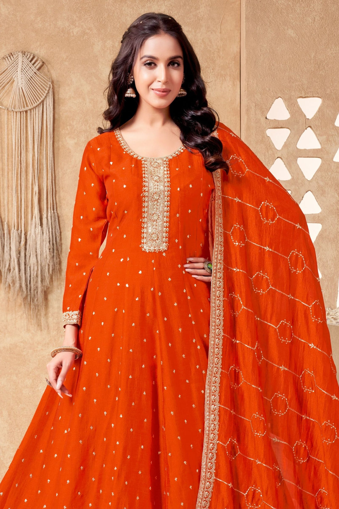 Orange Sequins, Beads and Zari work Anarkali Style Salwar