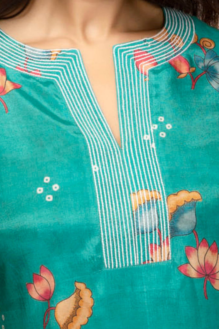 Rama Blue Floral Print Short Kurti