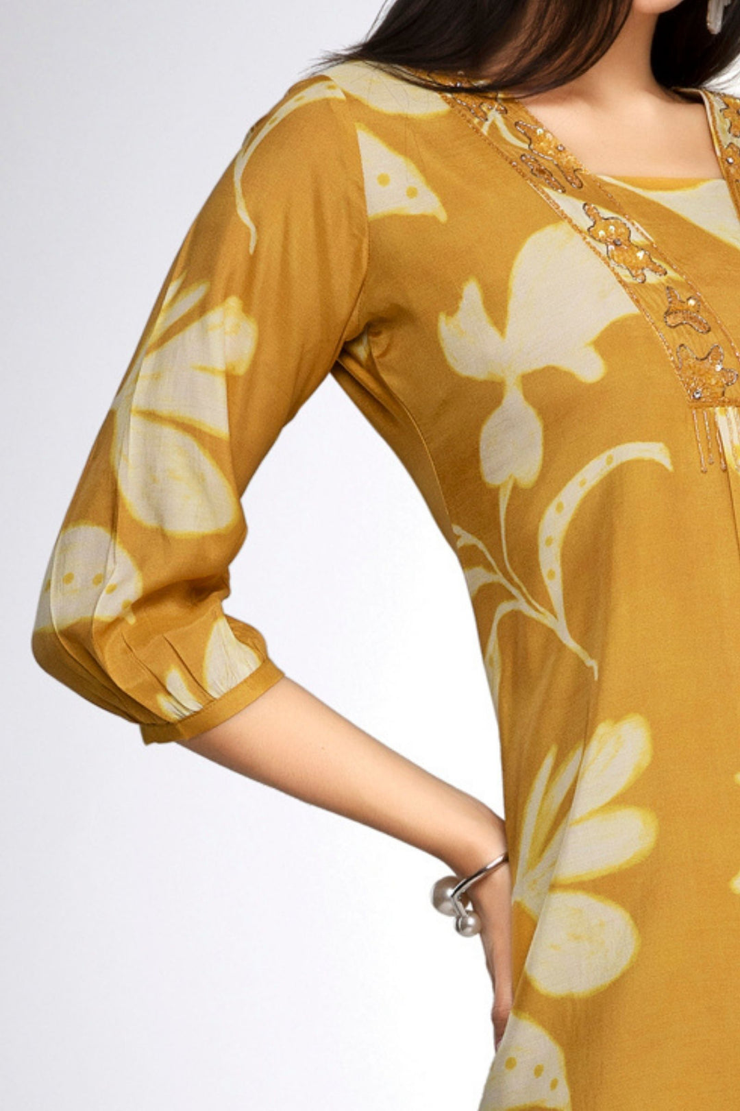 Mustard Beads and Thread work with Digital Print A-line Cut Calf Length Kurti