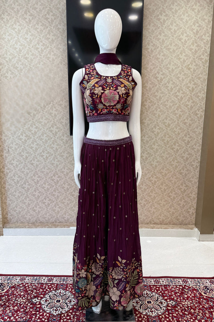 Wine Floral Embroidered Palazzo Set