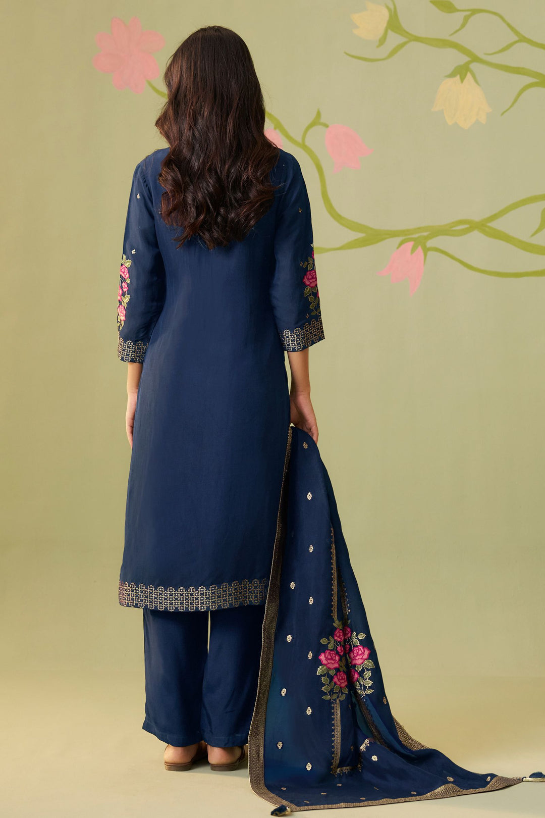 Navy Blue Embroidery, Banaras and Beads work Straight Cut Salwar Suit