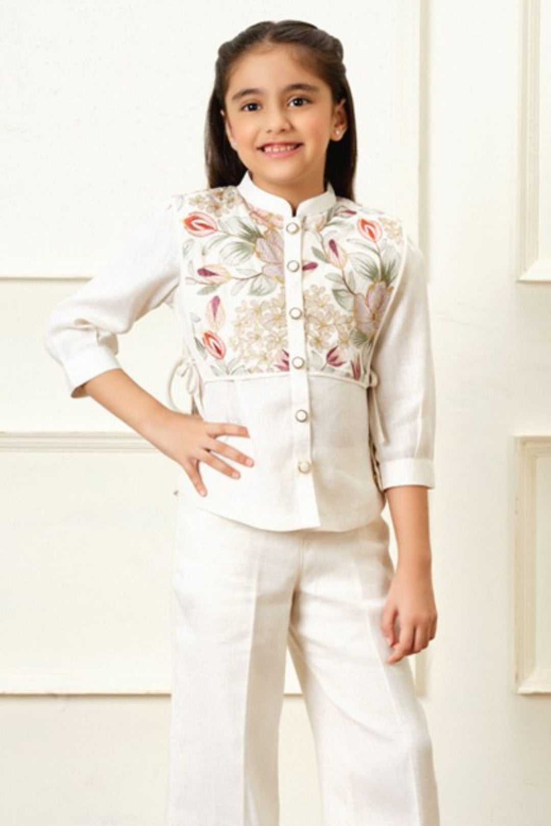 Half White Sequins and Multicolor Thread work Co-ord Set for Girls