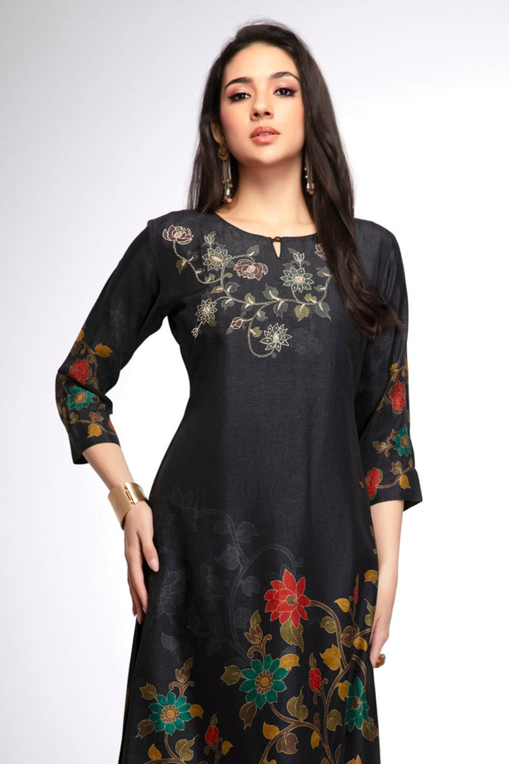 Black Embroidery, Stone and Mirror work with Floral Print Calf Length Kurti