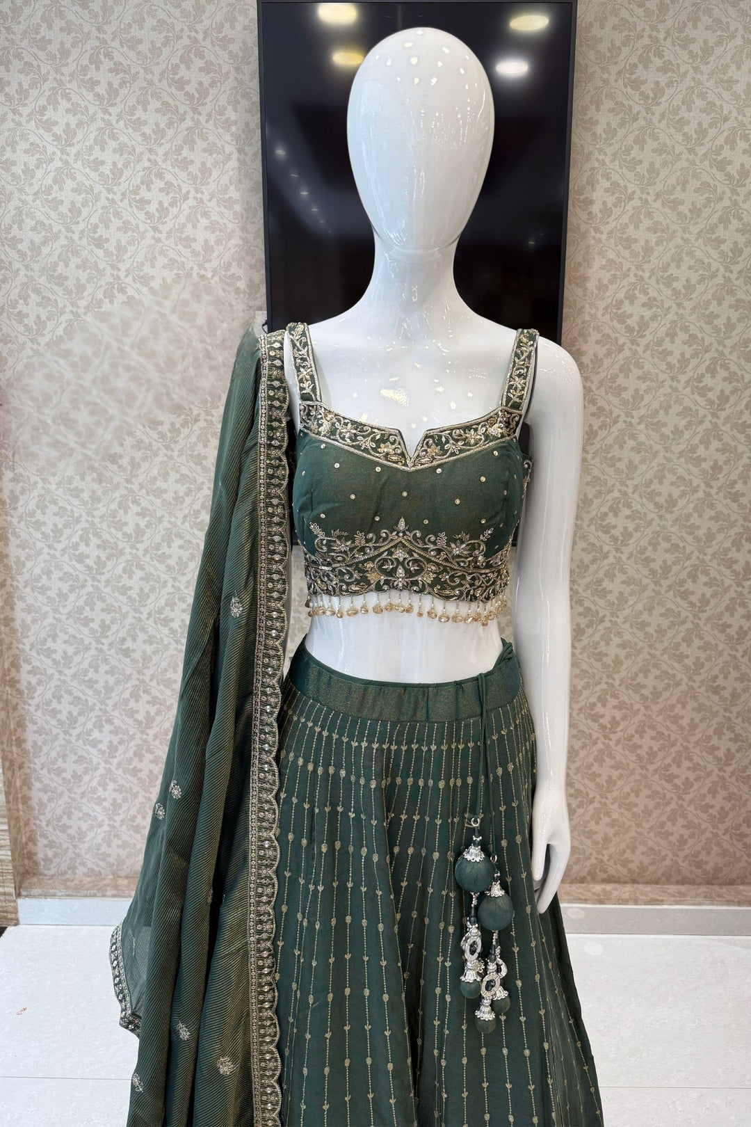 Bottle Green Zari, Zardozi, Stone, Beads and Sequins work Lehenga