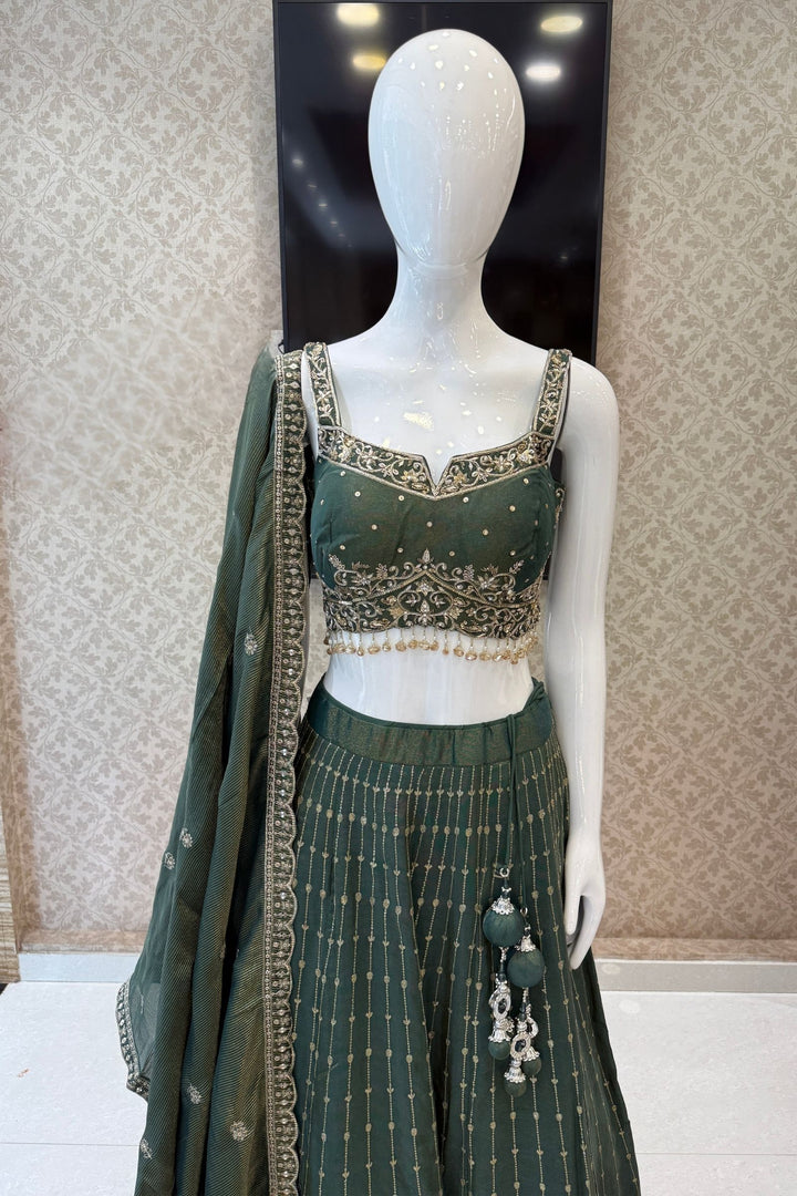Bottle Green Zari, Zardozi, Stone, Beads and Sequins work Lehenga