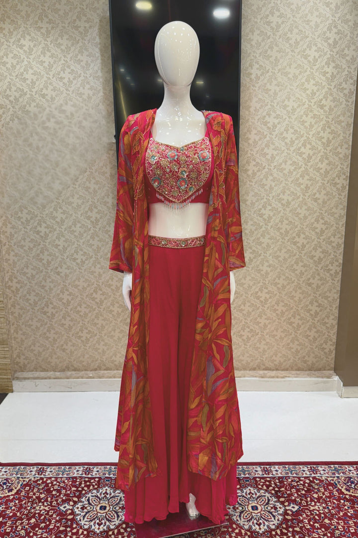 Rani Pink with Multicolor Digital Print Overcoat Styled Palazzo Suit Set