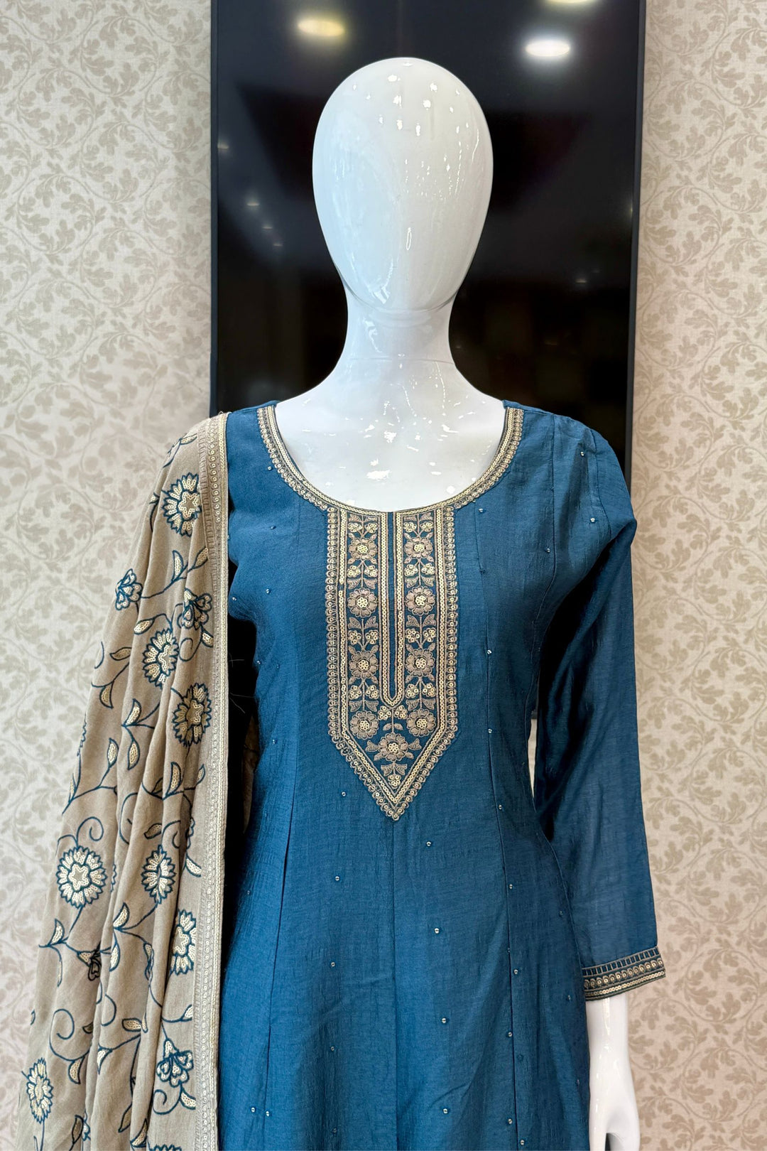 Teal Blue Embroidery and Sequins work A-line Cut Salwar Suit