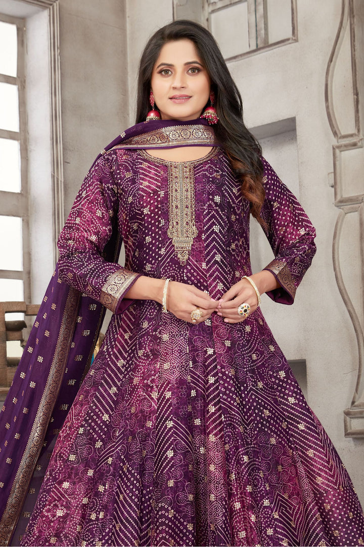 Purple Banaras, Zari, Zardozi and Mirror work with Bandini Print Anarkali Style Salwar