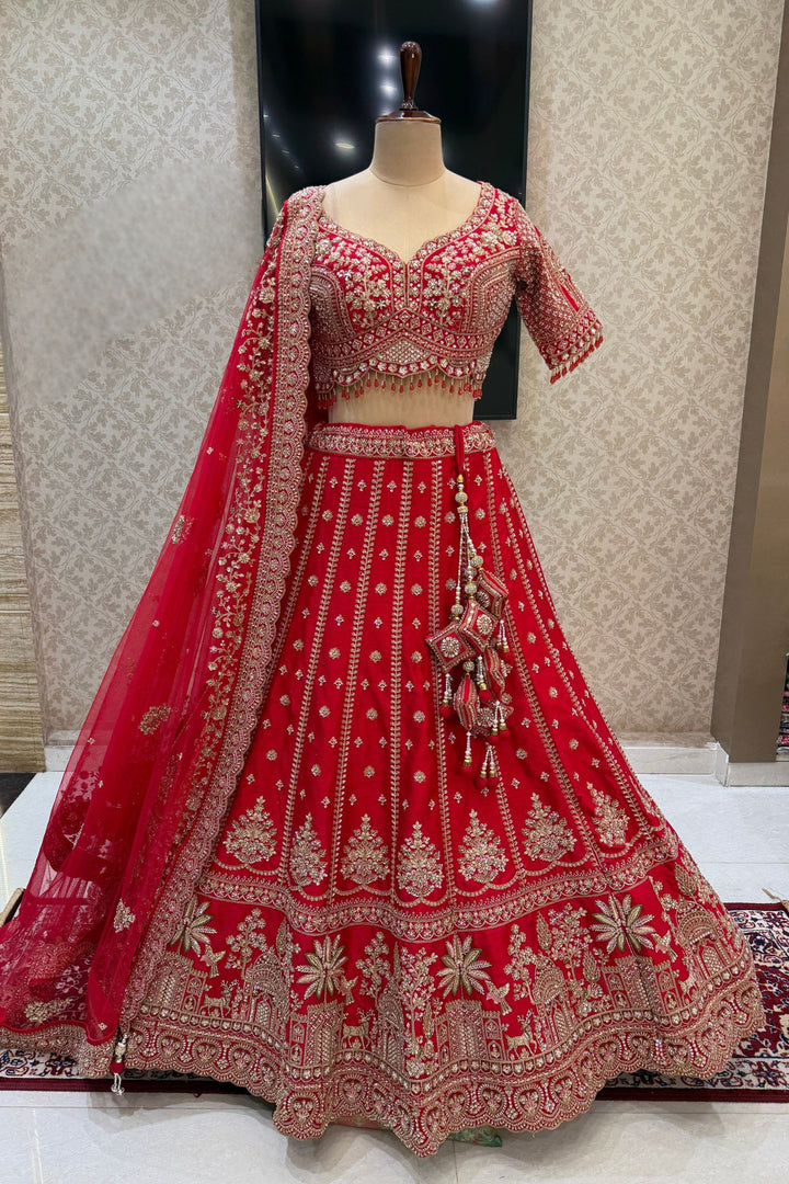 Red Beads, Zari, Zardozi, Thread and Sequins work Crop Top Designer Bridal Lehenga