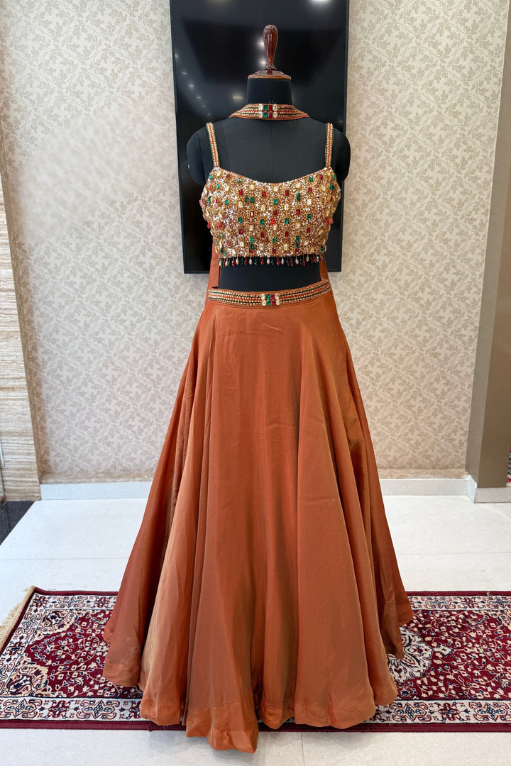 Rust Stone, Beads and Sequins work Crop Top Lehenga
