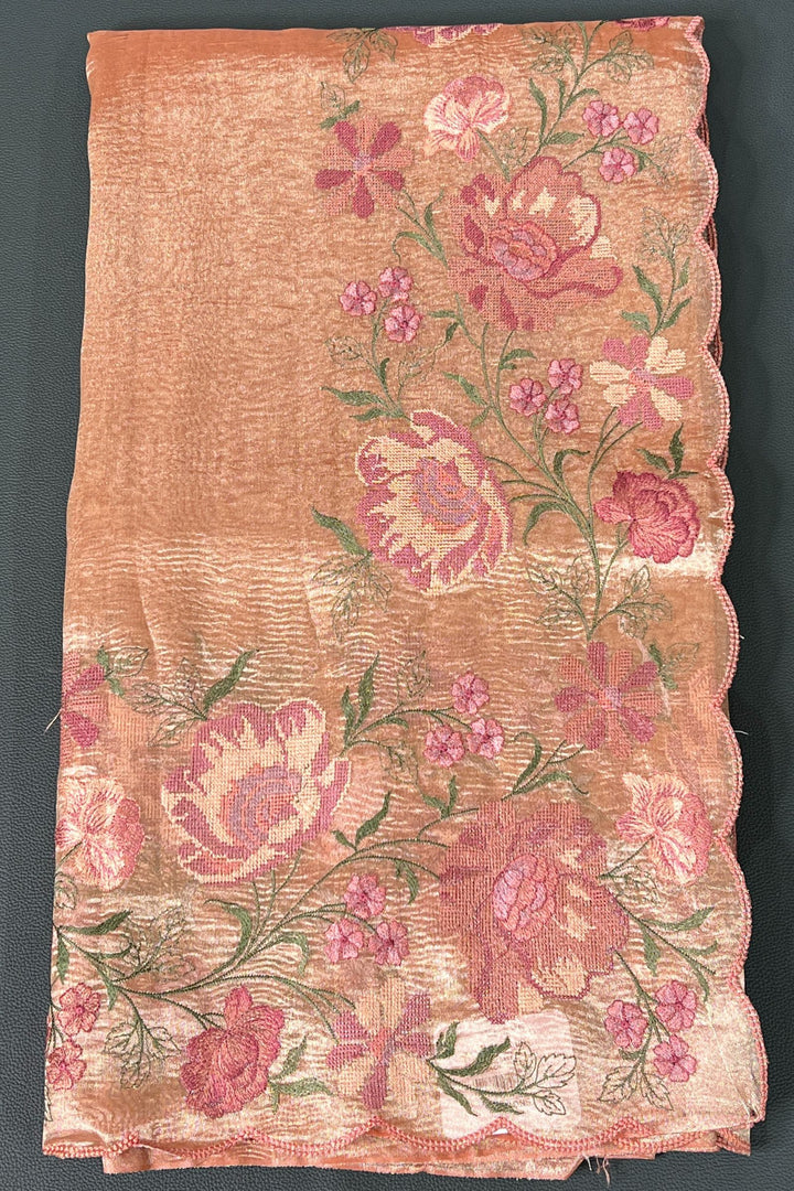 Onion Crush Tissue Saree with Floral Embroidery work