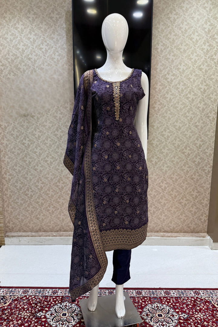 Purple Zari Weaving and Banaras work with Bandini Print Straight Cut Salwar Suit