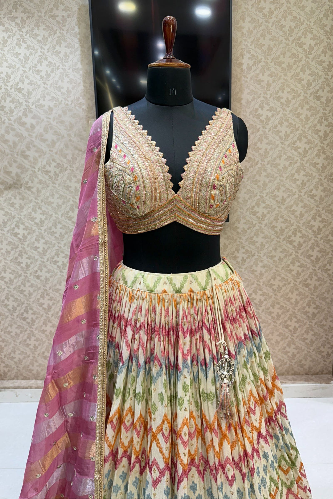Cream Multicolor Embroidery, Sequins, Zari, Beads and Zardozi work Crop Top Lehenga