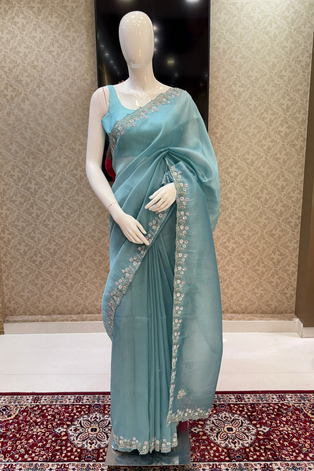 Sky Blue Stone, Sequins, Zardozi and Beads work Saree