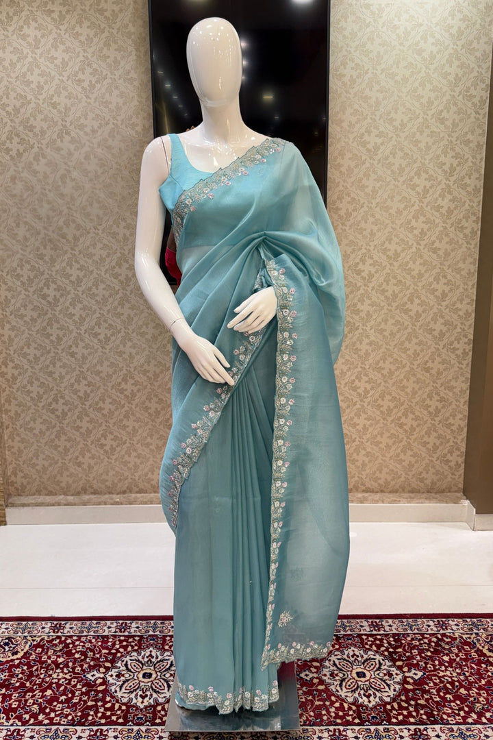 Sky Blue Stone, Sequins, Zardozi and Beads work Saree