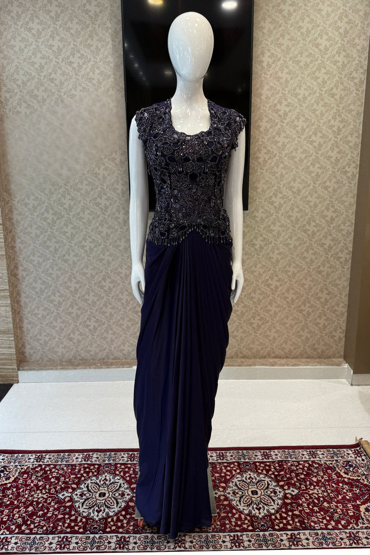 Purple Indo-Western Styled Beads and Sequins work Top and Cowl Skirt