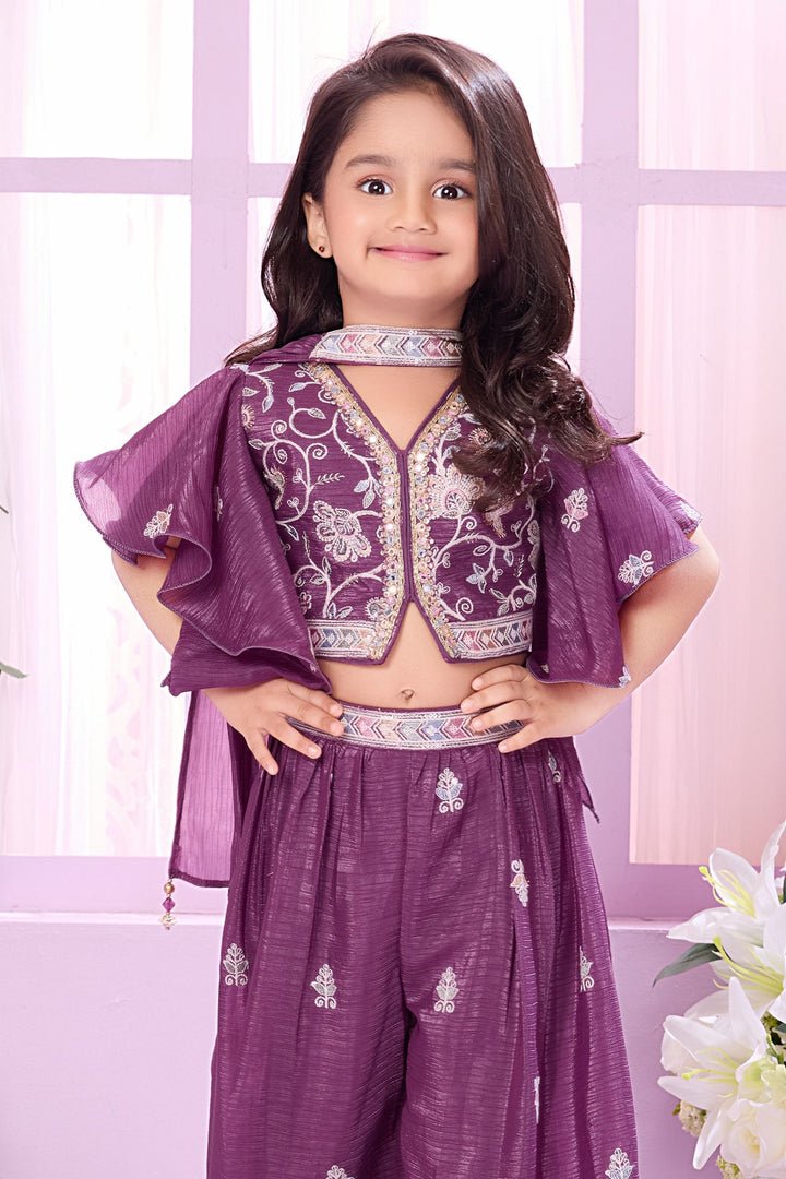 Light Purple Thread, Sequins, Mirror and Beads work Choli and Palazzo Set for Girls