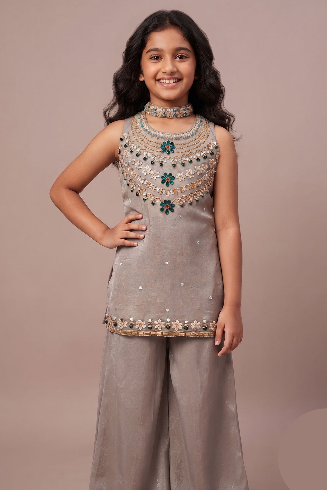 Grey Stone, Beads and Sequins work Palazzo Suit Set for Girls