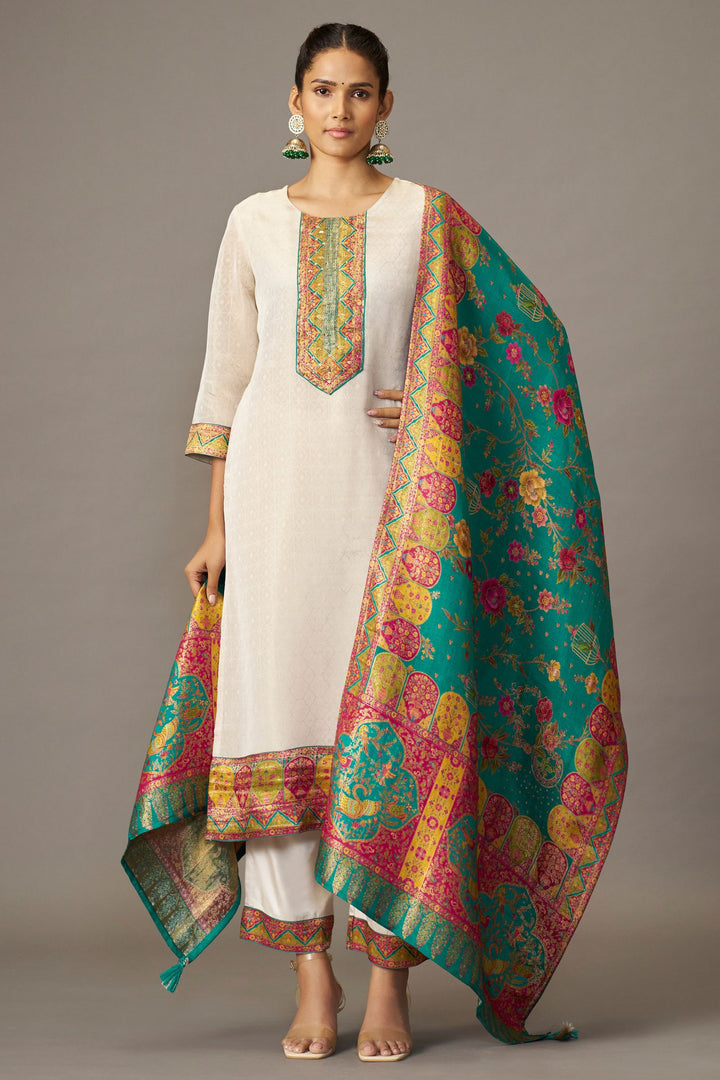 Half White Multicolor Banaras, Sequins and Beads work Straight Cut Salwar Suit