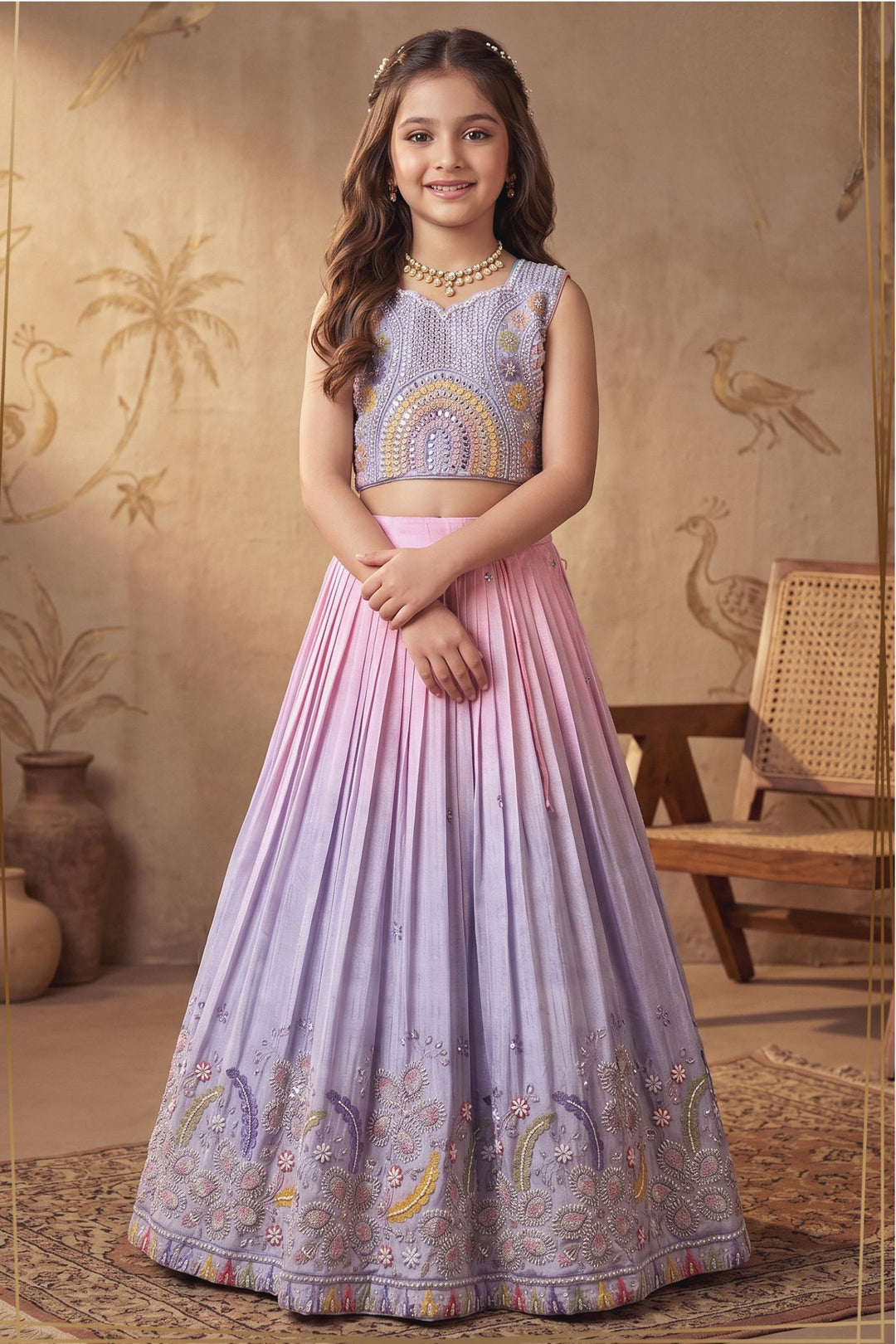 Pink with Violet Girls Lehenga Choli with Sequins, Beads and Zari work