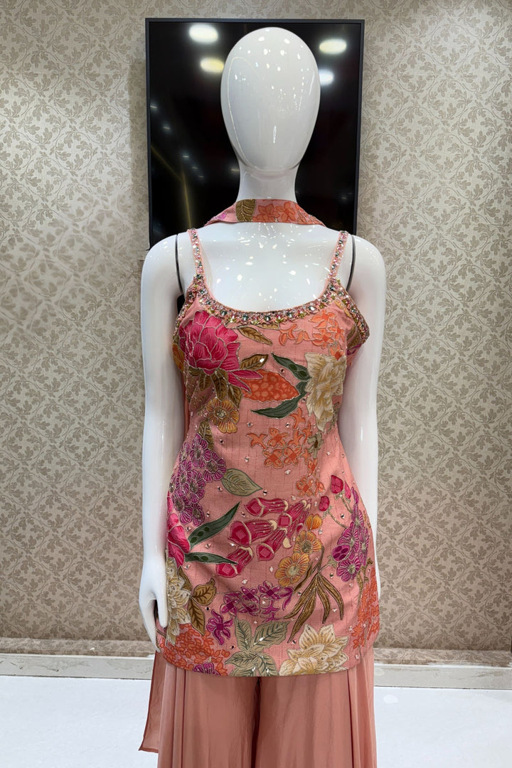 Peach Mirror, Sequins, Zari and Beads work with Floral Print Palazzo Salwar Suit