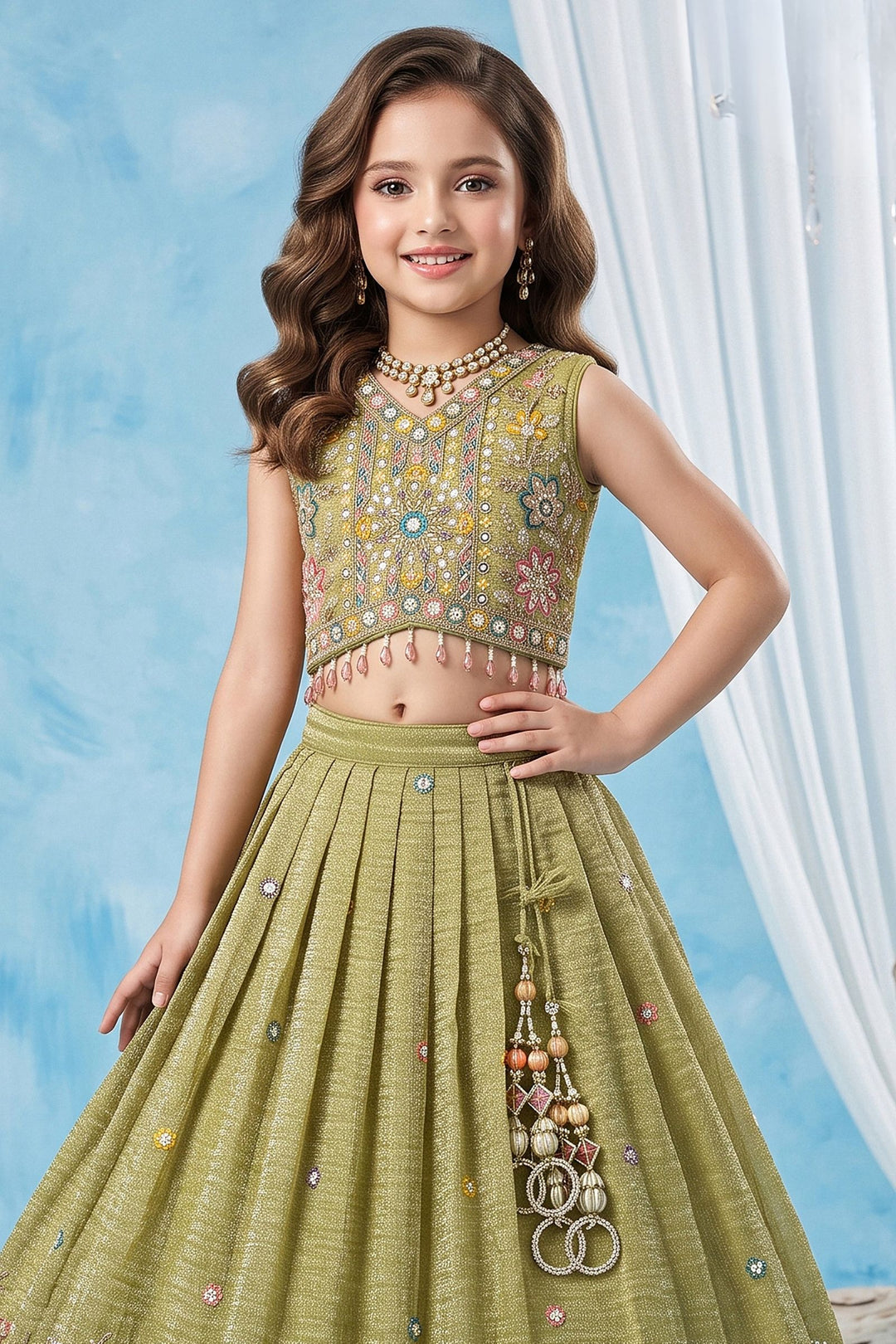 Pista Green Embroidery, Zari, Sequins and Beads work Lehenga Choli for Girls