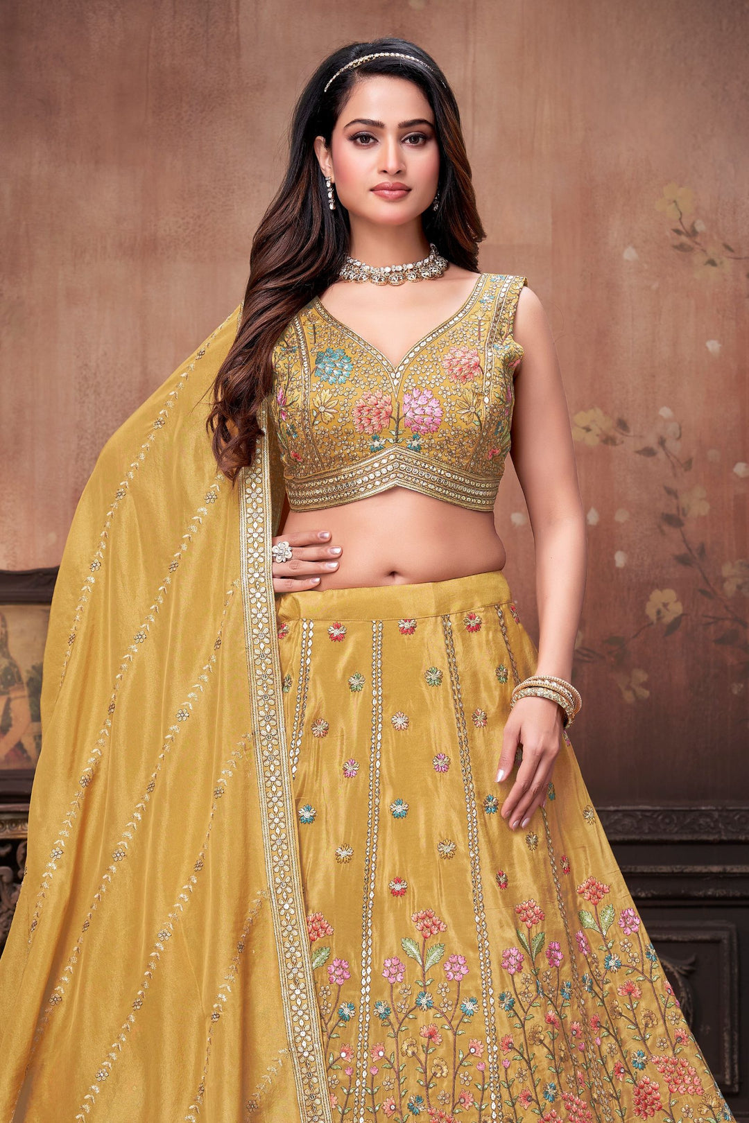 Mustard Multicolor Embroidery, Zari and Sequins work Crop Top Lehenga