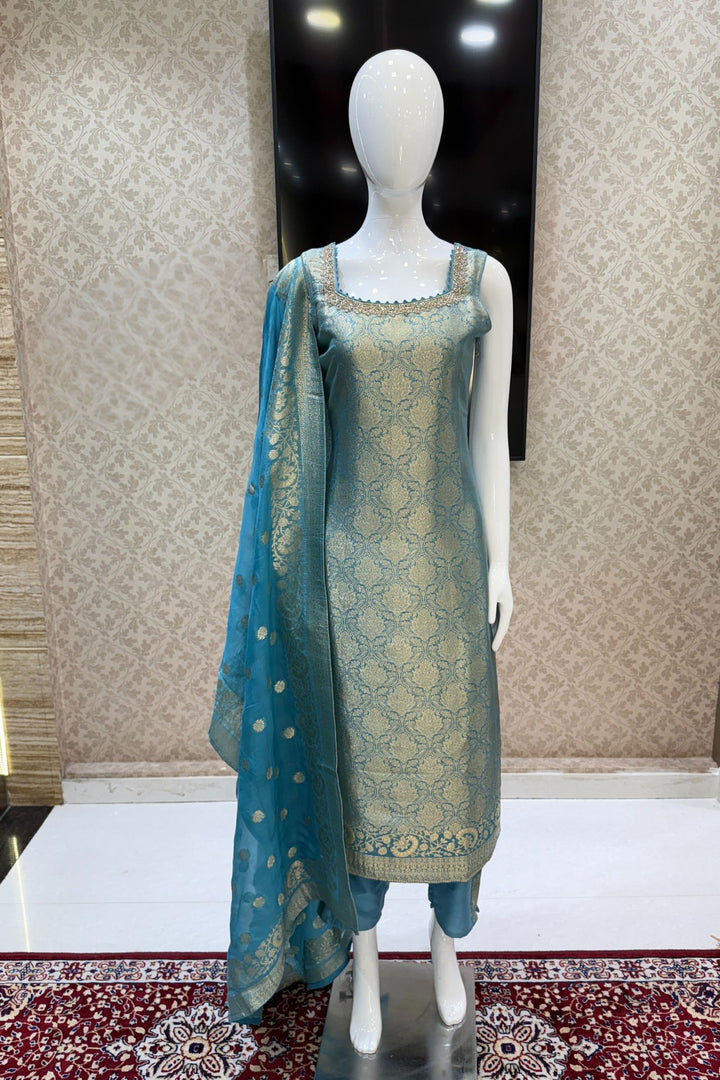 Sea Blue Beads, Mirror, Stone, Banaras and Brocade work Straight Cut Salwar Suit