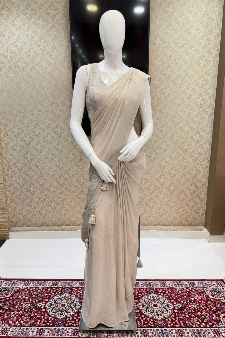 Light Beige Banaras Zari work Saree with Zari and Sequins work Readymade Blouse