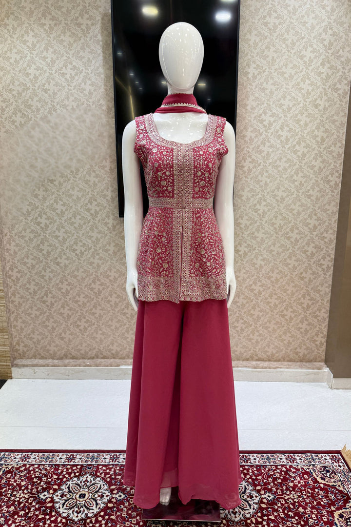 Dark Pink Silver Zari and Sequins work Peplum Top with Palazzo Suit Set