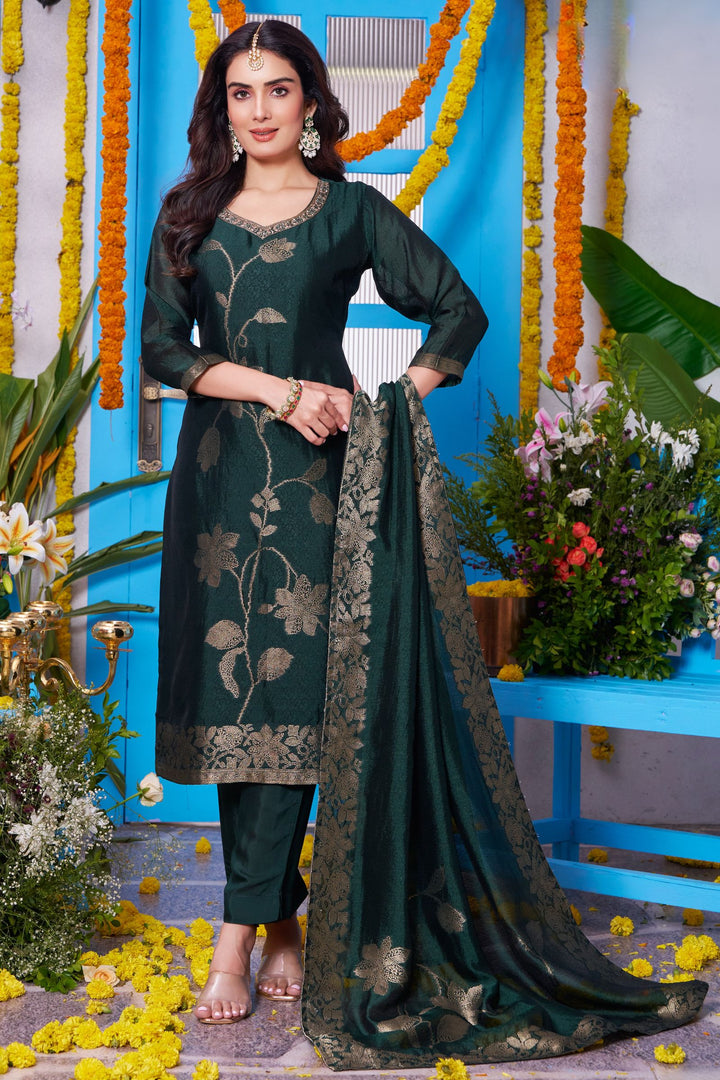 Green Banaras, Stone, Zardozi, Sequins, Beads and Zari work Straight Cut Salwar Suit