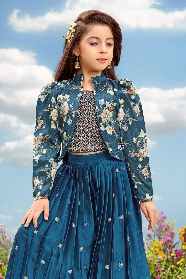 Peacock Blue Sequins, Thread and Zari work Jacket Styled Palazzo Set For Girls