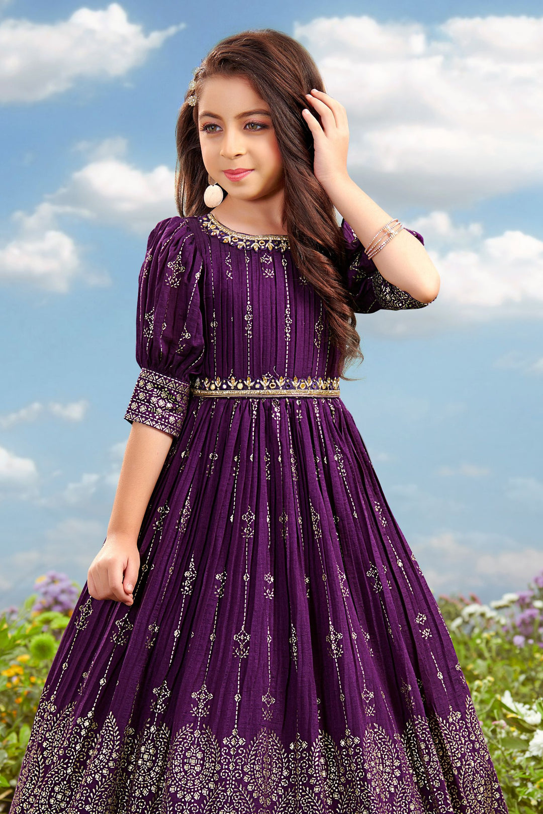 Purple Zardozi, Stone and Mirror work Long Party Gown for Girls