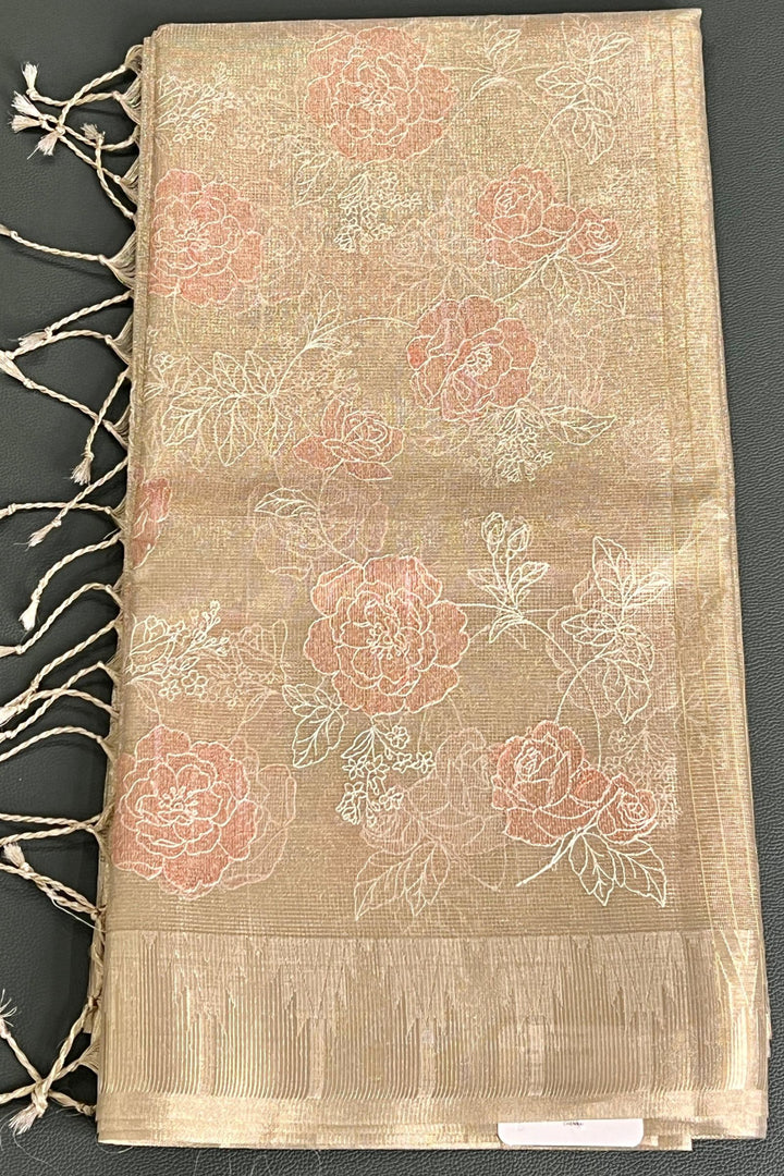 Golden Tissue Saree with Floral Embroidery work