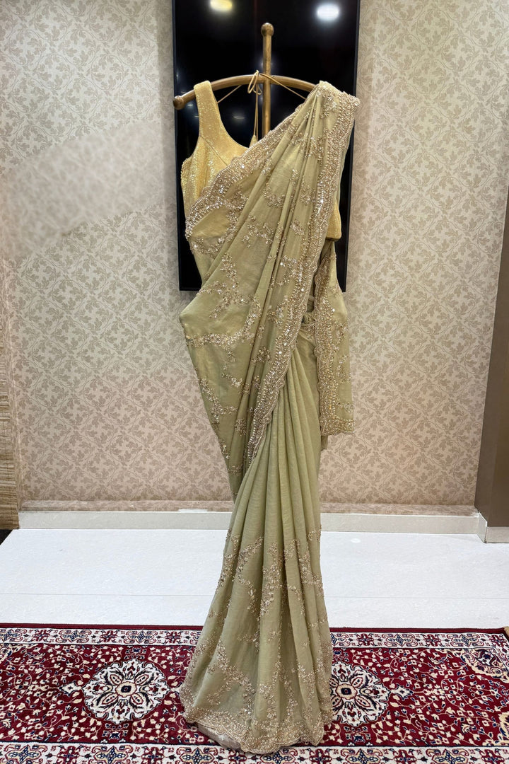 Pista Green Saree Featuring Sequins, Pearl, Beads and Zari work