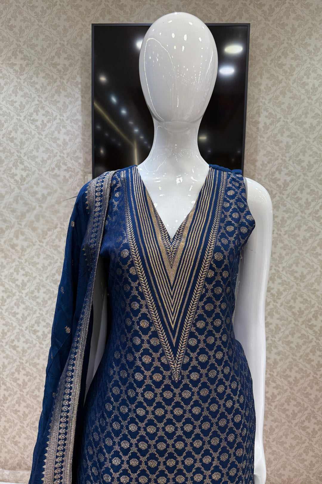 Teal Blue Banaras work V-Neck Straight Cut Salwar Suit