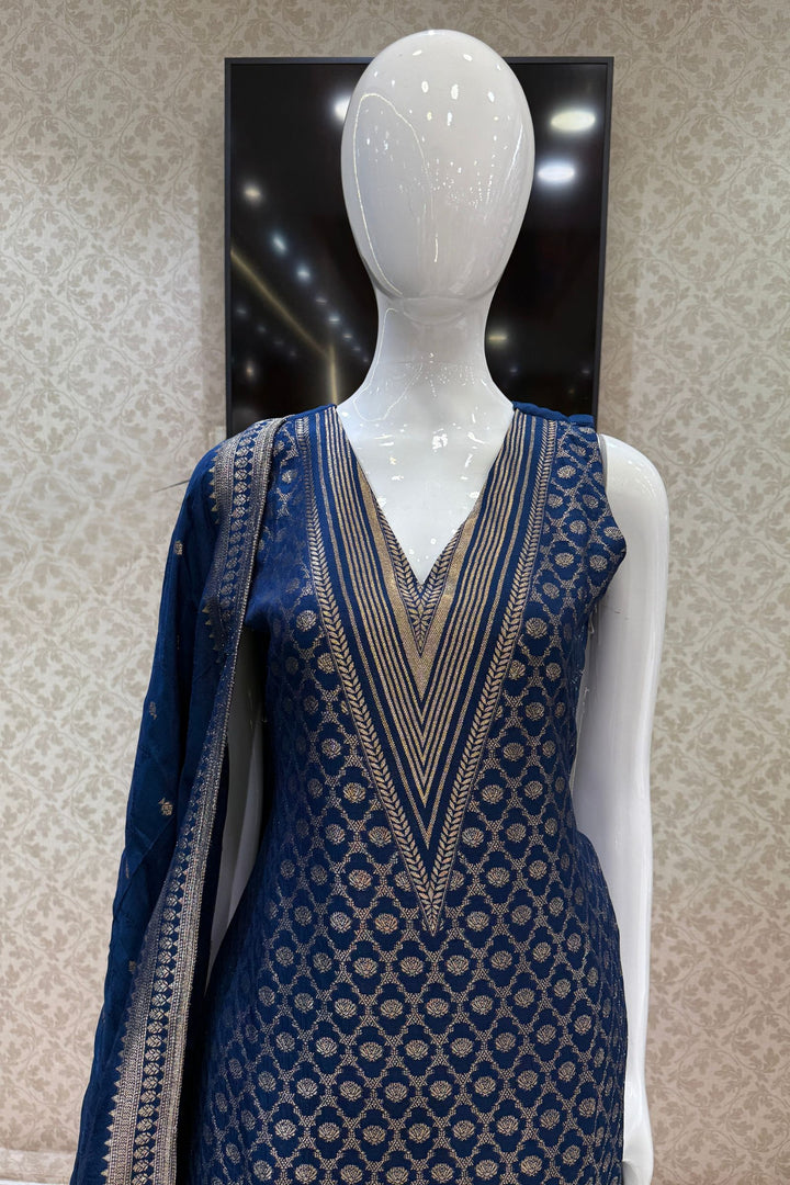 Teal Blue Banaras work V-Neck Straight Cut Salwar Suit