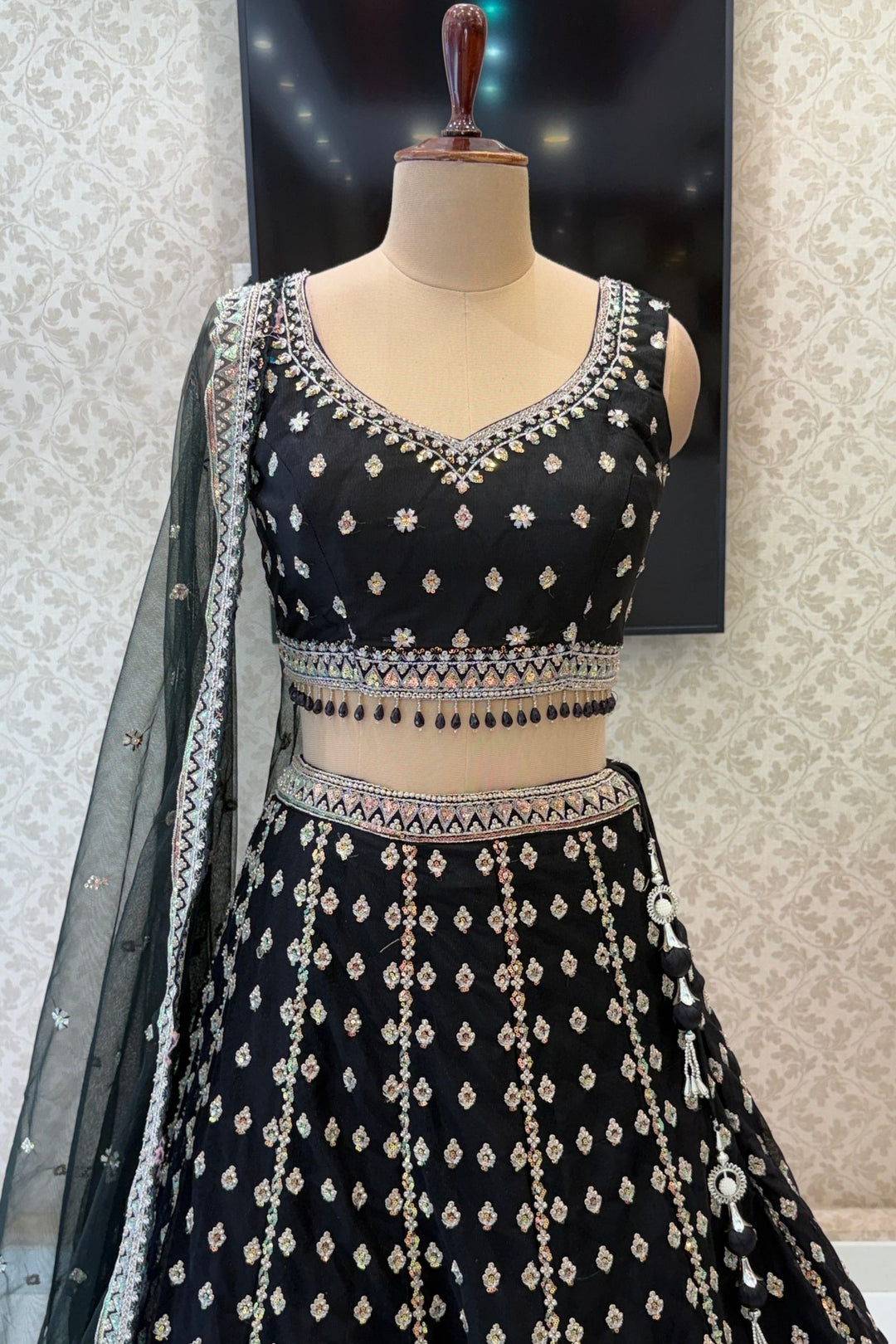 Black Designer Bridal Lehenga Intricate Zari, Sequins and Beads work