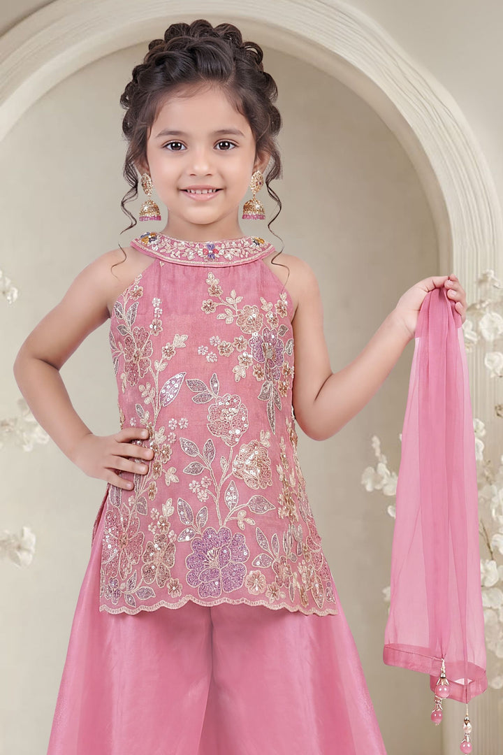 Baby Pink Sequins, Zari and Thread work Palazzo Suit Set for Girls