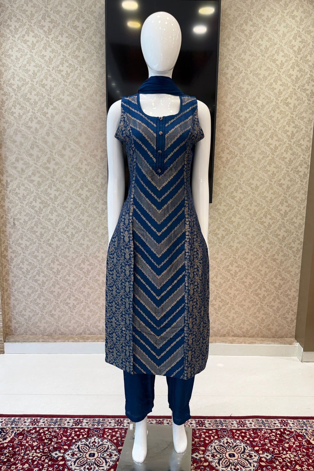 Peacock Blue Banaras work Straight Cut Salwar Suit